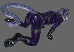  2016 anthro bdsm bit_gag blue_fur bondage_gloves bridle butt deusexmoose digital_media_(artwork) feline fur gag gagged harness hoof_gloves leopard leopard_spots looking_at_viewer looking_back male mammal open_mouth penis petplay ponyplay roleplay rubber simple_background solo spots spotted_fur 