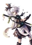  2017 absurdres alternate_eye_color black_gloves black_ribbon expressionless fingerless_gloves gloves hair_ribbon headband highres holding konpaku_youmu koumajou_densetsu koumajou_densetsu_2 looking_at_viewer ribbon short_hair silver_hair sword tassel touhou watermark weapon white_background xiaobanbei_milk yellow_eyes 