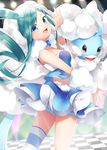  altaria aqua_eyes aqua_hair asymmetrical_hair earrings idol legs legwear lucia_(pokemon) mega_altaria open_mouth pokemon pokemon_(creature) pokemon_(game) ponytail shorts skirt stripped_legwear tiara 