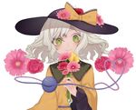  black_hat bow flower frilled_bow frills green_eyes hat heart heart_of_string holding holding_flower komeiji_koishi long_sleeves marimo_tarou pink_flower red_flower red_rose rose shirt short_hair silver_hair simple_background smile solo third_eye touhou white_background yellow_bow yellow_shirt 