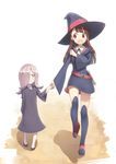  :d age_regression bangs belt black_dress blue_dress blue_legwear blunt_bangs brown_hair dress eye_contact eyebrows_visible_through_hair grey_hair hair_over_one_eye hat heijialan holding_hands kagari_atsuko little_witch_academia long_hair long_sleeves looking_at_another loose_belt multiple_girls open_mouth over-kneehighs pale_skin red_eyes shadow shirt simple_background smile straight_hair sucy_manbavaran thighhighs walking wand white_background white_shirt wide_sleeves witch witch_hat younger 