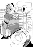  1girl absurdres ass box dark_elf dark_skin denim doctor_masube elf elf-san_wa_yaserarenai. employee_uniform greyscale hairband highres jeans kuroeda-san long_hair looking_at_viewer looking_back monochrome open_mouth pants pointy_ears shirt solo spoken_exclamation_mark t-shirt thick_thighs thighs uniform 