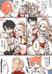  4girls afro altera_(fate) armor blonde_hair boudica_(fate/grand_order) closed_eyes dark_skin drunk fate/apocrypha fate/grand_order fate_(series) fujimaru_ritsuka_(female) fujimaru_ritsuka_(male) green_eyes long_hair mordred_(fate) mordred_(fate)_(all) multiple_boys multiple_girls navel open_mouth orange_hair ponytail red_hair romulus_(fate/grand_order) short_hair side_ponytail translation_request tsuru_(clainman) 