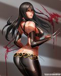 ass badcompzero bare_shoulders black_hair blood breasts bridal_gauntlets butt_crack claws green_eyes grin large_breasts long_hair looking_at_viewer looking_back o-ring_belt pants smile solo thighs tight tight_pants x-23 x-men 