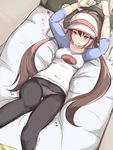  1girl bed bed_sheet blue_eyes blush breasts brown_hair double_bun from_above hair_bun half-closed_eyes hat have_to_pee highres indoors long_sleeves lying mei_(pokemon) muroi_(fujisan0410) on_back on_bed open_mouth panties pantyhose pokemon pokemon_(game) pokemon_bw2 restrained shirt text tied_up trembling twintails underwear visor_cap 