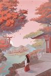  architecture autumn_leaves bow brown_hair east_asian_architecture falling_leaves from_behind from_side hair_bow hakurei_reimu leaf long_hair mountain nana_(13054942) red_bow red_skirt river scenery skirt sky solo stairs standing sun torii touhou tree water wide_shot wide_sleeves 