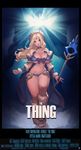  armor bare_shoulders bikini_armor blonde_hair blue_eyes breasts commentary defense_of_the_ancients dota_2 highres instant_ip large_breasts legs long_hair movie_poster navel night_stalker_(dota) parody rylai_crestfall signature smile staff thighs 