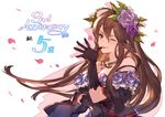  anniversary bare_shoulders breasts brown_hair collar countdown dress flower frills gloves granblue_fantasy hair_flower hair_ornament highres jewelry lipstick long_hair looking_at_viewer makeup medium_breasts minaba_hideo official_art one_eye_closed petals purple_eyes rose rose_petals rosetta_(granblue_fantasy) simple_background smile solo sword upper_body weapon white_background 