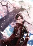 bad_id bad_pixiv_id blood blood_on_face bloody_clothes brown_hair cherry_blossoms earrings hanasaki_coa injury jewelry kashuu_kiyomitsu male_focus mole mole_under_mouth petals ponytail red_eyes scarf touken_ranbu tree 