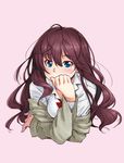  blue_eyes blush covering_mouth hand_over_own_mouth highres ichinose_shiki idolmaster idolmaster_cinderella_girls kazuma_muramasa long_hair looking_at_viewer pink_background red_hair simple_background sketch solo upper_body 