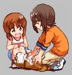  bangs blue_shorts brown_eyes brown_hair brown_pants closed_mouth commentary dog full_body girls_und_panzer hands_on_own_knees light_smile looking_at_another lying multiple_girls nishizumi_maho nishizumi_miho on_back oono_imo open_mouth orange_shirt pants petting pink_shirt shirt shoes short_hair short_sleeves shorts siblings simple_background sisters smile squatting tank_top white_footwear 