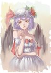  absurdres bare_shoulders blood blood_on_face bow cupping_hand dress flower hat hat_flower hat_ribbon highres jewelry lavender_hair lips looking_at_viewer mob_cap nana_(13054942) parted_lips purple_hair red_bow red_eyes red_ribbon remilia_scarlet ribbon short_hair solo touhou white_dress wings 