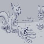  anthro canine dialogue disney eyewear female fox fur glasses group interspecies judy_hopps kneeling lagomorph male male/female mammal monochrome nick_wilde paper pen rabbit sex sibling sister text tongue tongue_out violet_hopps_(zootopia) waga zootopia 