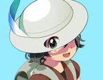  :d aqua_background backpack bag black_eyes black_hair blurry chromatic_aberration commentary_request depth_of_field eyelashes hair_between_eyes hat hat_feather helmet jpeg_artifacts kaban_(kemono_friends) kemono_friends looking_at_viewer minamijima_command open_mouth pith_helmet portrait red_shirt sanpaku shirt short_hair short_sleeves simple_background smile solo tareme white_hat 