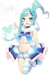  altaria aqua_eyes aqua_hair asymmetrical_hair earrings legs legwear lucia_(pokemon) midriff navel open_mouth pokemon pokemon_(creature) pokemon_(game) ponytail shoes shorts skirt stripped_legwear tiara 