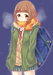  absurdres bag blush brown_eyes brown_hair cardigan hands_in_pockets highres idolmaster idolmaster_cinderella_girls kitami_yuzu kudukimii looking_at_viewer necktie scarf school_bag school_uniform short_hair solo winter_clothes 