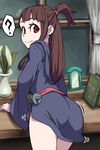  ? ass bangs blunt_bangs book brown_hair commentary_request curtains dress flower hood indoors kagari_atsuko little_witch_academia long_hair long_sleeves looking_at_viewer looking_back mirror red_eyes sidelocks smile solo table thought_bubble uganda wide_sleeves window 