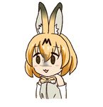  :3 animal_ears blonde_hair blush eyebrows eyebrows_visible_through_hair gloves kemono_friends open_eyes open_mouth ribbon sekirin_(tappppuri) serval_(kemono_friends) serval_ears short_hair simple_background solo upper_body yellow_eyes 