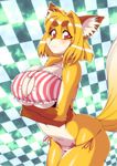  abstract_background amakuchi anthro big_breasts bikini black_nose blonde_hair blush bra breasts canine cat_lingerie cleavage_cutout clothed clothing female fox foxy-rena fur hair hi_res lingerie looking_at_viewer mammal markings nipple_bulge panties red_eyes socks_(marking) solo standing swimsuit underwear voluptuous whiskers white_fur wide_hips yellow_fur 