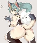  artist_request boots breasts dog furry open_mouth ponytail teal_eyes teal_hair 