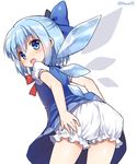  bloomers blue_bow blue_dress blue_eyes blue_hair bow cirno cowboy_shot dress from_behind hair_bow ice ice_wings leaning_forward looking_at_viewer looking_back mauve open_mouth puffy_short_sleeves puffy_sleeves short_dress short_hair short_sleeves solo touhou twitter_username underwear white_bloomers wings 