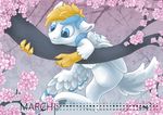  anthro ashley-arctic-fox avian blonde_hair blue_eyes blue_hair day feathered_wings feathers fur hair hippogryph male outside solo underhoof white_fur wings 