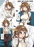  alternate_costume black_legwear black_skirt breasts brown_hair directional_arrow double_bun expressions fingers_together flying_sweatdrops hairband headgear highres jewelry kantai_collection kongou_(kantai_collection) large_breasts long_hair open_mouth pantyhose purple_eyes ribbed_sweater ring shigure_ryuunosuke skirt sweater translation_request wavy_mouth wedding_band white_sweater 