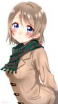  arms_behind_back bangs bico_(bicoris) blue_eyes blush coat green_scarf grey_hair highres looking_at_viewer love_live! love_live!_sunshine!! plaid plaid_scarf scarf short_hair simple_background solo swept_bangs twitter_username upper_body watanabe_you white_background winter_clothes 