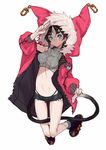  aqua_eyes black_shorts breasts brown_footwear brown_hair cat_tail crop_top earrings full_body highres hood hoodie jewelry long_sleeves looking_at_viewer medium_breasts navel original salute shoes short_shorts shorts simple_background sketch solo tail taut_clothes white_background yuu_(higashi_no_penguin) 
