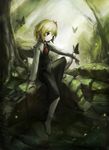  barefoot blonde_hair bug butterfly closed_mouth commentary expressionless forest hair_ribbon highres insect light_particles nature neckerchief outdoors red_eyes ribbon rumia short_hair sitting skirt solo spark621 touhou tree water 