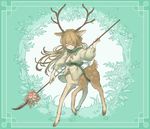  animal_ears antlers brown_hair centauroid closed_eyes commentary_request deer_ears flower flower_ornament frame full_body fumiharu glaive grass leaf long_hair monster_girl original plant polearm puffy_sleeves ribbon sash solo tree weapon 