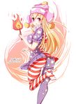  american_flag_dress american_flag_legwear ass blonde_hair breasts clownpiece covered_nipples dress fire furim hat highres jester_cap large_breasts long_hair looking_back microdress neck_ruff pantyhose perky_breasts pink_eyes polka_dot simple_background solo star star_print striped torch touhou white_background 