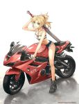  1girl bandeau blonde_hair boots bra bra_strap braid breasts cleavage denim denim_shorts fate/apocrypha fate_(series) green_eyes ground_vehicle hair_ornament hair_scrunchie high_ponytail highres jewelry konoe_ototsugu midriff mordred_(fate) mordred_(fate)_(all) motor_vehicle motorcycle necklace scrunchie short_shorts shorts small_breasts smile solo strapless sword torn_clothes torn_shorts underwear weapon 