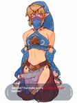  blonde_hair blue_eyes blush crossdressing detached_sleeves dialogue_box english erection gerudo_link link looking_at_viewer male_focus midriff navel otoko_no_ko pelvic_curtain penis pointy_ears r4drawings see-through solo text_focus the_legend_of_zelda the_legend_of_zelda:_breath_of_the_wild veil 