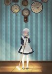  2015 analog_clock apron black_dress black_footwear bow braid broom clock clockwork closed_eyes dated dress gears green_bow hair_over_shoulder highres holding indoors izayoi_sakuya juliet_sleeves light_smile long_sleeves maid maid_headdress mary_janes null_cell pantyhose pendulum_clock puffy_sleeves roman_numerals shoes short_hair side_braid silver_hair solo standing sunlight sweeping touhou wall_clock wallpaper_(object) white_apron white_legwear wooden_floor 