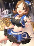  blush breasts brown_eyes brown_hair commentary_request cuffs earrings handcuffs happy_birthday hat highres idolmaster idolmaster_cinderella_girls jewelry katagiri_sanae large_breasts long_hair microphone midriff moser navel one_eye_closed open_mouth police_hat smile solo twintails 