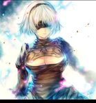  bangs black_dress blindfold breasts cleavage dress hairband large_breasts min-naraken mole mole_under_mouth nier_(series) nier_automata puffy_sleeves short_hair signature silver_hair solo yorha_no._2_type_b 