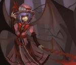  absurdres bat bat_wings dress fangs hat hat_ribbon high_collar highres hitokuchii holding holding_weapon juliet_sleeves koumajou_densetsu lips long_sleeves mob_cap nail_polish pink_dress puffy_sleeves purple_hair red_eyes red_ribbon remilia_scarlet ribbon short_hair smile solo spear_the_gungnir standing touhou weapon wings 