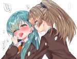  2girls aqua_eyes aqua_hair blazer blush brown_eyes brown_hair ear_licking hair_ornament hairclip high_ponytail jacket kantai_collection kumano_(kantai_collection) licking long_hair looking_at_another multiple_girls open_mouth ponytail satou_pikuta school_uniform spoken_ellipsis suzuya_(kantai_collection) translation_request upper_body yuri 