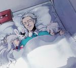  2girls bed book bunny closed_eyes facial_hair fate/apocrypha fate/extra fate/grand_order fate_(series) hibiki_(nilten) hug jack_the_ripper_(fate/apocrypha) james_moriarty_(fate/grand_order) long_hair multiple_girls mustache nursery_rhyme_(fate/extra) open_mouth scar short_hair sleeping stuffed_toy white_hair 