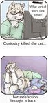  anthro cat clothed clothing comic dialogue digital_media_(artwork) english_text evan_housecat feline fur kink lavilovi male mammal nude proverb simple_background smile solo text 