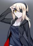  :/ artoria_pendragon_(all) blindfold blindfold_lift breasts cleavage cowboy_shot fate/stay_night fate_(series) grey_background highres jacket jewelry long_hair medium_breasts necklace pale_skin saber_alter skylader solo yellow_eyes 