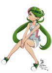  apron bangs bare_shoulders blush closed_mouth collarbone dark_skin flower full_body green_eyes green_hair hair_flower hair_ornament hanauna highres knees_together_feet_apart legs lips looking_at_viewer mao_(pokemon) no_socks pink_lips pink_shirt pokemon pokemon_(game) pokemon_sm shiny shiny_skin shirt shoes signature simple_background sitting sleeveless sleeveless_shirt smile solo swept_bangs trial_captain twintails white_background 