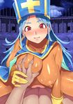  1girl blue_hair blush bodysuit breast_grab breasts dragon_quest dragon_quest_iii erect_nipples girl_on_top gloves hat large_breasts long_hair looking_at_viewer open_mouth priest_(dq3) red_eyes sex shiny shiny_clothes skin_tight smile 