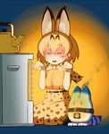  animal_ears bare_shoulders blonde_hair bow bowtie commentary elbow_gloves gloves goriate heater kemono_friends kettle lucky_beast_(kemono_friends) open_mouth serval_(kemono_friends) serval_ears serval_print serval_tail short_hair skirt sleeveless smoke tail 