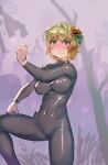  1girl black_bodysuit blonde_hair blush bodysuit bow_(bhp) breasts cameltoe closed_mouth commentary_request covered_navel crying crying_with_eyes_open dancing eyebrows_visible_through_hair grey_background hair_ornament jack-o&#039;-lantern jack-o'-lantern long_sleeves looking_at_viewer medium_breasts meme original purple_eyes scared short_hair solo standing standing_on_one_leg tears 