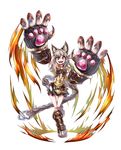 animal_ears bangs breasts claw_(weapon) claws collar erune gloves granblue_fantasy hair_between_eyes highres kakaobataa long_hair looking_at_viewer open_mouth orange_eyes sen_(granblue_fantasy) silver_hair simple_background skirt small_breasts smile solo weapon 