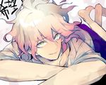  barefoot danganronpa feet green_eyes komaeda_nagito lips looking_at_viewer lovi_(momoko37) lying male_focus messy_hair on_stomach protected_link shirt short_sleeves smile solo super_danganronpa_2 t-shirt white_hair white_shirt 