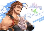  anniversary brown_hair countdown eugen_(granblue_fantasy) eyepatch facial_hair gloves granblue_fantasy green_eyes highres long_hair looking_at_viewer male_focus minaba_hideo muscle mustache official_art simple_background smile solo upper_body white_background white_gloves 