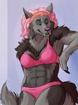  abs anthro black_fur blue_eyes bra canine clothing female fluffy fluffy_tail fur grey_fur hair hair_tuft mammal manly marjani muscular partially_clothes petruding_teeth pink_hair pink_nose resting_against_wall solo tagme underwear were werewolf 